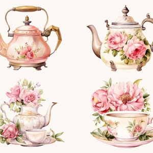 May include: A set of four watercolour illustrations of teacups and teapots decorated with pink roses. The teacups and teapots are white with gold accents. The roses are pink and have green leaves.
