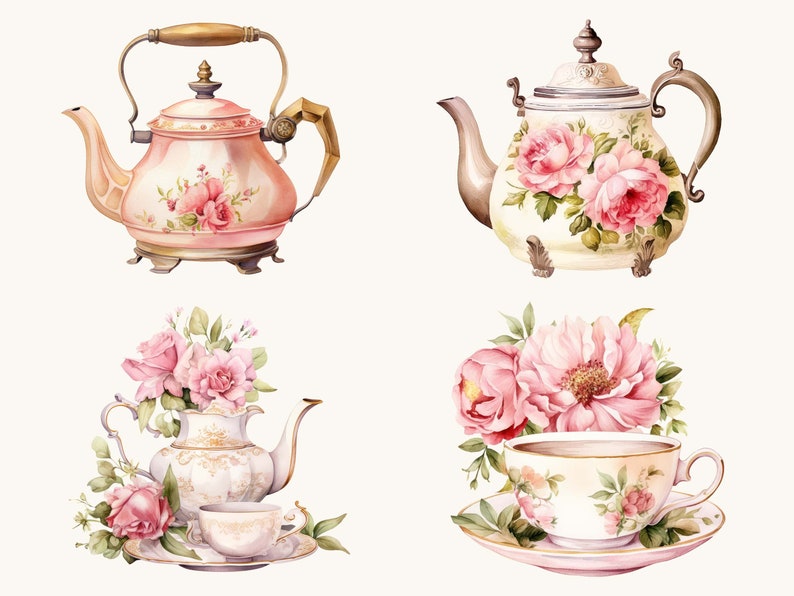 May include: A set of four watercolour illustrations of teacups and teapots decorated with pink roses. The teacups and teapots are white with gold accents. The roses are pink and have green leaves.