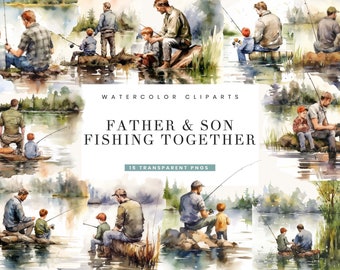 Watercolor Father & Son Fishing Clipart Bundle (Digital Download)