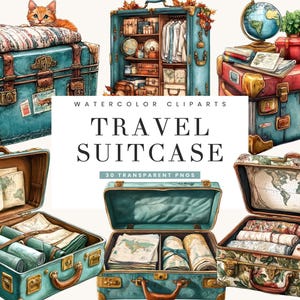 Pacote com 30 imagens de malas de viagem vintage, arquivos PNG em aquarela com fundo transparente, ideais para sublimação.