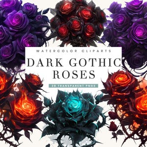 Dark Gothic Roses Watercolor Clipart: 28 PNG Designs (Digital Download)