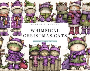 Whimsical Christmas Cats Clipart Bundle, Watercolor PNG (Digital Download)