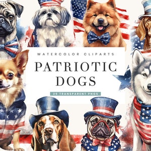 25 Aquarell patriotische Hunde 4. Juli Clipart Bundle Sublimation Designs Digital Download, Sofortiger Download Digitaldrucke, Hund Clipart