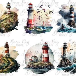 May include: Six watercolor illustrations of lighthouses in different settings. Each lighthouse is red and white with a black roof. The lighthouses are surrounded by water, rocks, and foliage. Some lighthouses have stairs leading up to them.