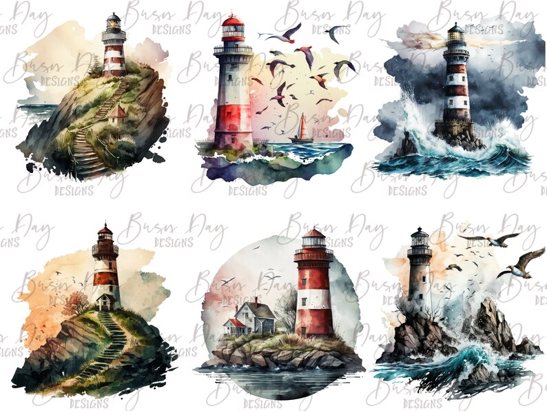 May include: Six watercolor illustrations of lighthouses in different settings. Each lighthouse is red and white with a black roof. The lighthouses are surrounded by water, rocks, and foliage. Some lighthouses have stairs leading up to them.