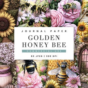 Puede incluir: Una colección digital de papel para diario con ilustraciones de girasoles, rosas rosadas, abejas, panales, una casita para pájaros de madera y una ventana arqueada. El texto central dice JOURNAL PAPER GOLDEN HONEY BEE COMMERCIAL USE 83 JPEG 300 DPI.
