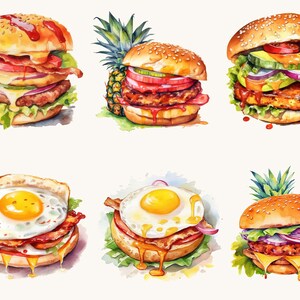 Op de afbeelding: Zes aquarel illustraties van verschillende soorten hamburgers. De hamburgers zijn allemaal op witte broodjes en hebben verschillende toppings, waaronder sla, tomaat, ui, kaas, spek en ananas.