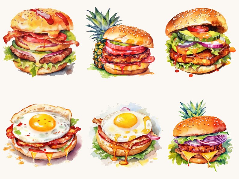Op de afbeelding: Zes aquarel illustraties van verschillende soorten hamburgers. De hamburgers zijn allemaal op witte broodjes en hebben verschillende toppings, waaronder sla, tomaat, ui, kaas, spek en ananas.