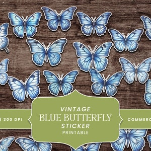 18 Vintage Blue Butterfly Sticker Junk Journal Card Vintage Paper Printable Art Digital Download, Old Paper Digital Prints Instant Download
