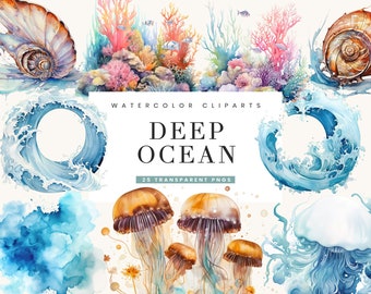 Watercolor Deep Ocean Clipart Bundle: 25 PNG Designs (Digital Download)