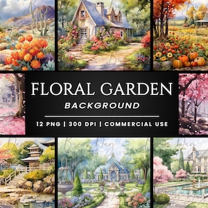 12 Pacote de fundo de jardim floral em aquarela, download digital, download instantâneo, clipart com desconto, álbum de recortes digital, padrão sem costura