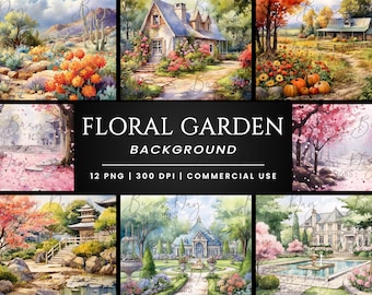 水彩画の花の庭の背景：12 個の PNG クリップアート（デジタル