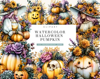 113 Watercolor Halloween Pumpkin Clipart Bundle Sublimation Designs Digital Download, Digital Prints, Digital Art, Digital Planner