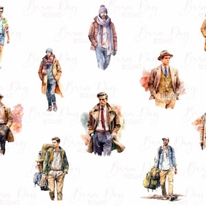 May include: A digital illustration of ten men wearing different styles of clothing. The men are wearing a variety of jackets, coats, hats, and scarves. The illustration is done in a watercolor style with a white background.