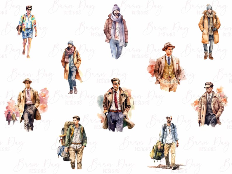 May include: A digital illustration of ten men wearing different styles of clothing. The men are wearing a variety of jackets, coats, hats, and scarves. The illustration is done in a watercolor style with a white background.