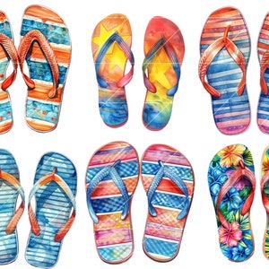 May include: Set of ten watercolor painted flip-flops in various colors and patterns. The flip-flops have a variety of designs including stripes, stars, and flowers.