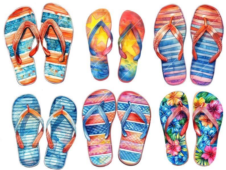 May include: Set of ten watercolor painted flip-flops in various colors and patterns. The flip-flops have a variety of designs including stripes, stars, and flowers.