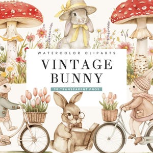 36 Watercolor Vintage Bunny Clipart Bundle PNG Files Sublimation Designs Digital Download, Digital Prints Instant Download, Bunny PNG Files