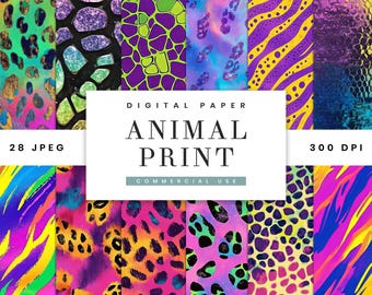 May include: A set of 28 digital papers featuring vibrant animal print patterns in a variety of colors, including pink, yellow, blue, green, and purple. The papers are 300 DPI and perfect for crafting and design projects.