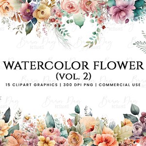 15 PNG Clipart Watercolor Roses Floral Clipart Bundle, Watercolor Flowers Roses Bouquets and Separate Elements Digital Download Clipart