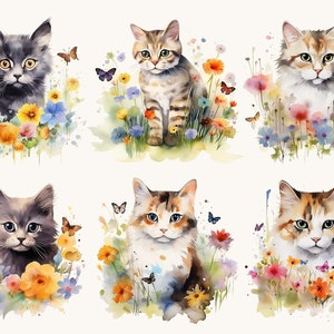 20 Watercolor Cat with Flowers Clipart Sublimation Designs, Instant Download Watercolor Clipart, Printable Art, Digital Download Png Files image 2