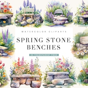 32 Watercolor Spring Stone Benches clipart bundle, digital download, digital planner, digital prints, instant download, watercolor clipart
