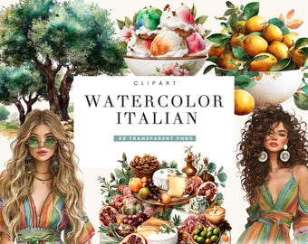68 Watercolor Italian Clipart Bundle Sublimation Designs Digital Download, Digital Prints, Digital Art, Digital Planner, PNG Files