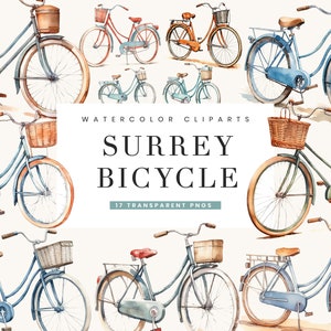 May include: Watercolor illustrations of 17 vintage surrey bicycles with baskets and various colors.  The bicycles are on a white background.  The text "WATERCOLOR CLIPS SURREY BICYCLE 17 TRANSPARENT PNGS" is in the center of the image.