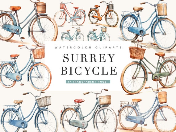 Watercolor Vintage Bicycle Clipart Bundle: 17 PNG Designs (Digital Download)