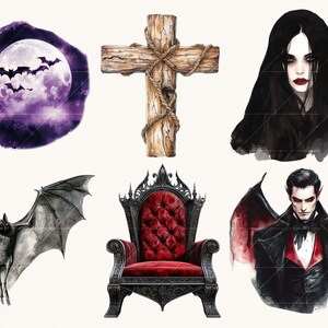 Peut inclure: Illustrations &agrave; l'aquarelle sur le th&egrave;me d'Halloween. Comprend une pleine lune avec des chauves-souris, une croix en bois, une femme aux longs cheveux noirs, une chauve-souris aux ailes d&eacute;ploy&eacute;es, un tr&ocirc;ne gothique et un vampire ail&eacute;.