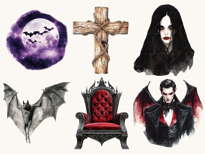 Peut inclure: Illustrations &agrave; l'aquarelle sur le th&egrave;me d'Halloween. Comprend une pleine lune avec des chauves-souris, une croix en bois, une femme aux longs cheveux noirs, une chauve-souris aux ailes d&eacute;ploy&eacute;es, un tr&ocirc;ne gothique et un vampire ail&eacute;.