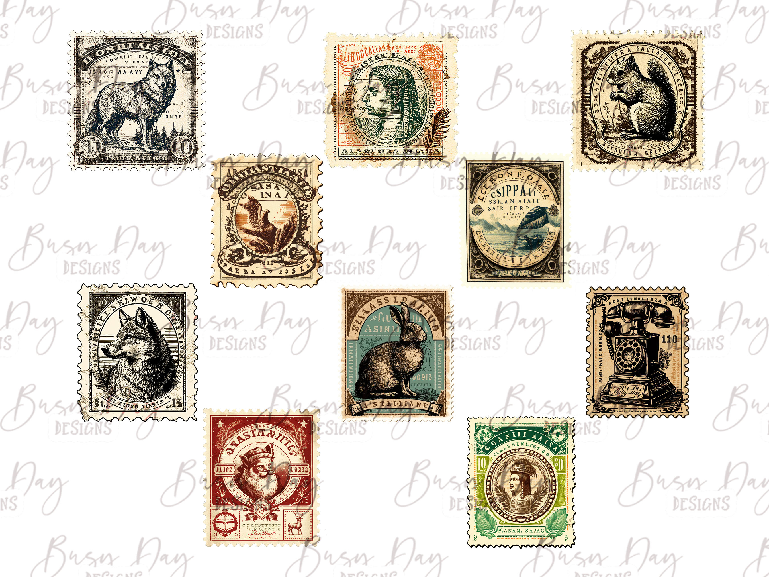 Watercolor Vintage Postage Stamps Clipart: Vol2, 30 PNG Graphics ...