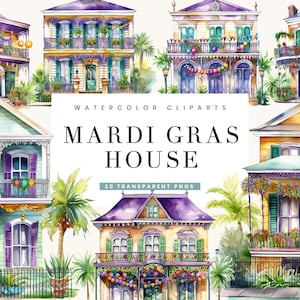 20 Aquarela Mardi Gras House Clipart Pacote de designs de sublimação Download digital, download instantâneo, arte para impressão, designs png