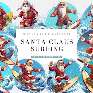 20 Aquarela Papai Noel Surf Clipart Pacote de designs de sublimação Download instantâneo Impressões digitais Download digital Uso comercial