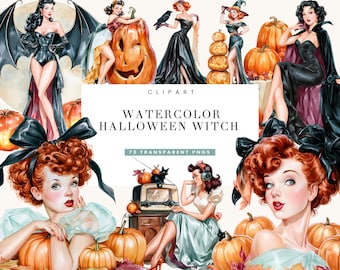 73 Watercolor Halloween Pin Up Witch Clipart Bundle Sublimation Designs Digital Download, Digital Prints, Digital Art, Digital Planner