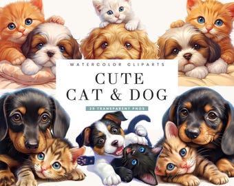 20 Watercolor Cute Cat Dog Clipart Bundle Sublimation Designs Digital Download, Digital Prints, Watercolor Clipart, Dog Lover Gift PNG