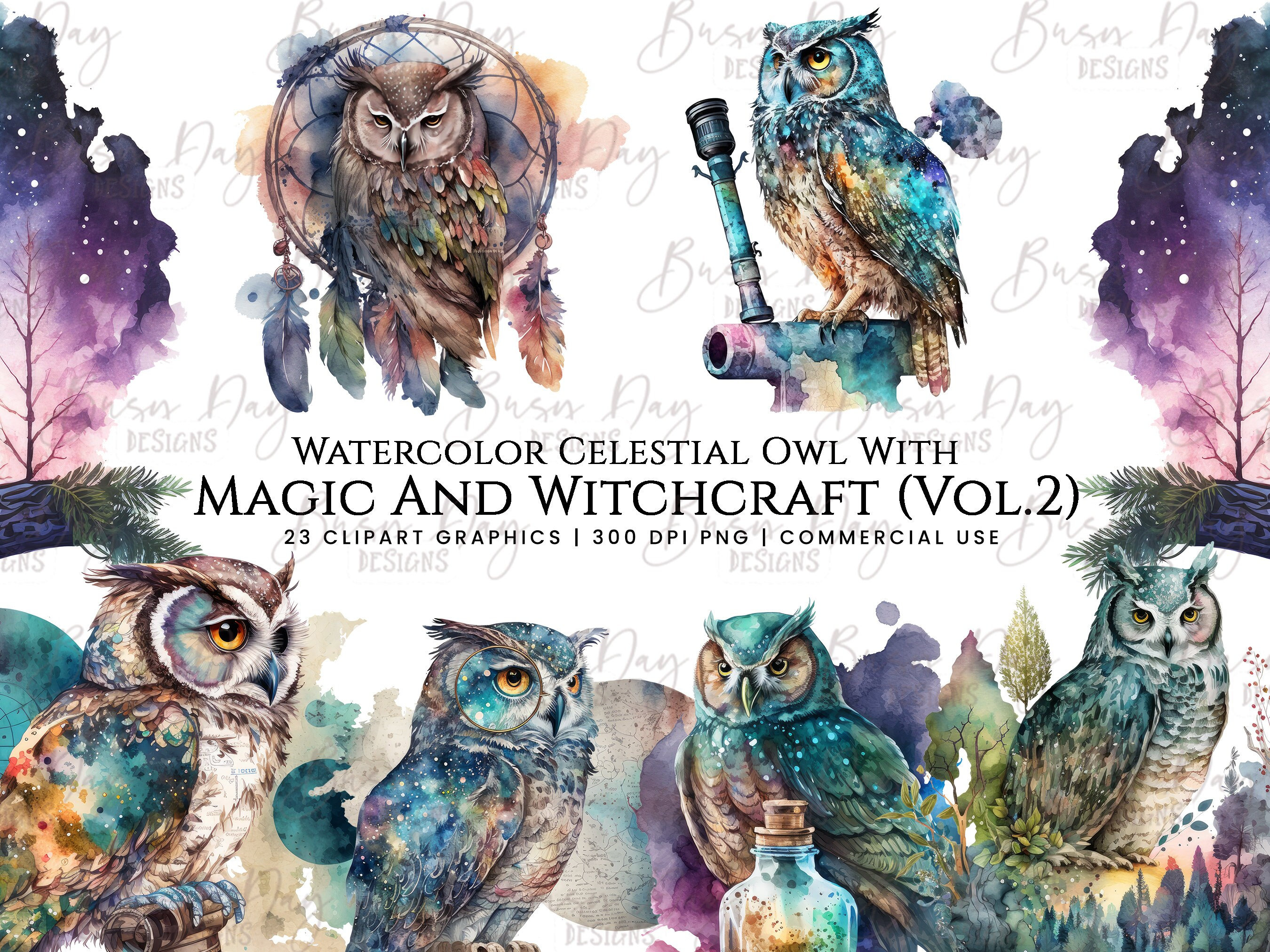 水彩画「天空のフクロウ」クリップアート：魔術 第2巻（デジタル