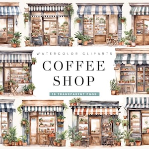 16 Acuarela Cafetería Clipart Paquete Sublimación Diseños Arte de pared digital, Descarga digital Archivos Png Descarga instantánea Impresiones digitales