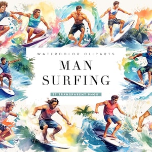 17 Watercolor Man Surfing Clipart Bundle Sublimation Designs Instant Download Digital Prints Digital Download Commercial Use