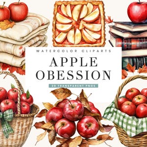 Puede incluir: Conjunto de imágenes prediseñadas de acuarela con manzanas, cestas, una tarta y libros. La imagen incluye el texto "APPLE OBESSION" y "20 TRANSPARENT PNGS". Las manzanas son rojas y las cestas tienen detalles verdes y blancos.