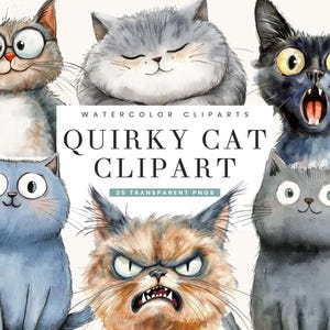 25 Watercolor Quirky Cat Clipart Bundle Sublimation Designs Digital Download, Digital Prints Instant Download, Digital Art Prints