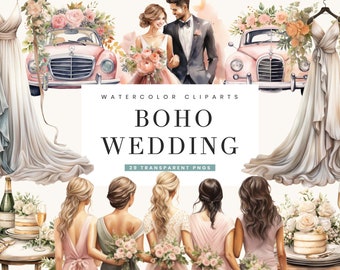 Watercolor Boho Wedding Clipart Bundle: 29 PNG Designs (Digital Download)