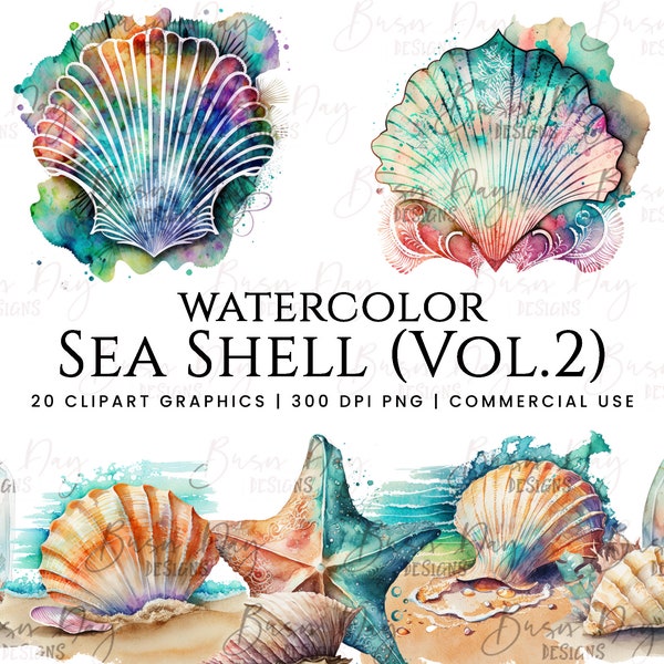 20 Watercolor Sea Shell Vol 2 Clipart , clipart bundle, commercial use, digital download, instant download,  Clip art