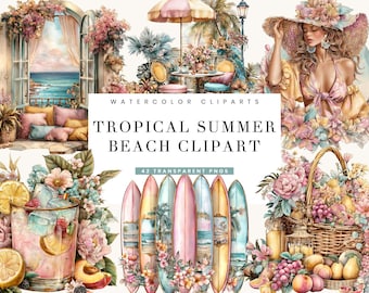 42 Watercolor Tropical  Summer Beach Clipart  Bundle Sublimation Designs Digital Download, Digital Prints, Digital Art, Summer Beach