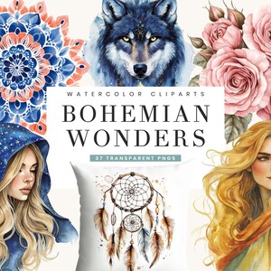 Pacote com 37 cliparts de aquarela Boho Wander para sublimação, download digital, impressões digitais, impressão artística