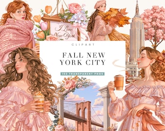102 Autumn New York City Clipart | Watercolor Fall PNG Bundle | Cozy Girl, Pink Leaves & NYC Aesthetic