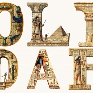May include: Decorative alphabet letters in an ancient Egyptian style. The letters are intricately designed with hieroglyphs, pharaohs, and pyramids. The letters are in gold, brown, blue, and green.