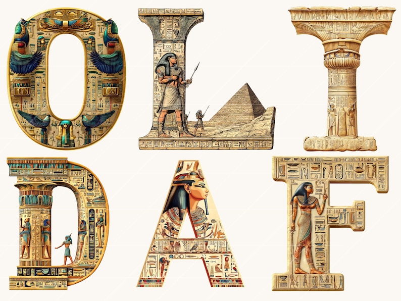 May include: Decorative alphabet letters in an ancient Egyptian style. The letters are intricately designed with hieroglyphs, pharaohs, and pyramids. The letters are in gold, brown, blue, and green.