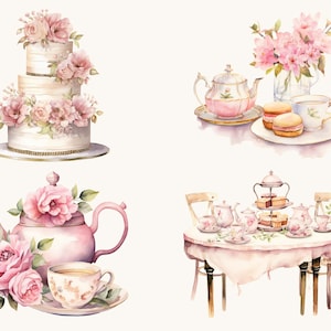 May include: A watercolour illustration of a tea party featuring a three-tiered cake adorned with pink roses, a teapot with pink roses, and a table setting complete with teacups, teapots, and pastries.