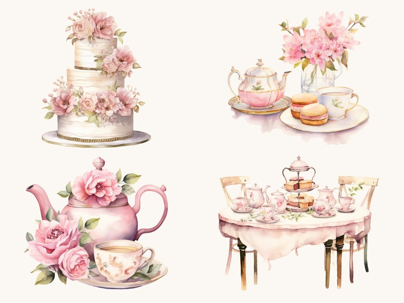 May include: A watercolour illustration of a tea party featuring a three-tiered cake adorned with pink roses, a teapot with pink roses, and a table setting complete with teacups, teapots, and pastries.